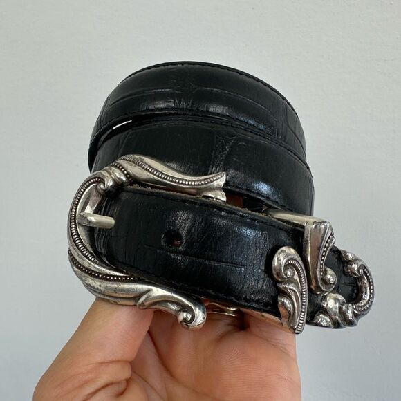 Vintage Black Leather Croc Embossed Western Belt Ornate Silver Buckle Size M - Picture 2 of 8